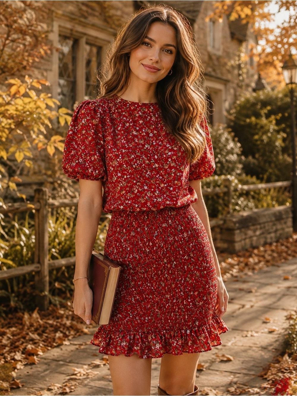 Urban Outfitters Red Floral Smocked Mini Dress| Large| Cottagecore Prairie boho
